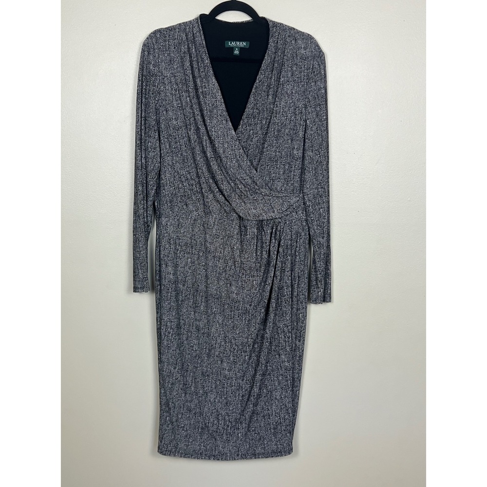 Lauren Ralph Lauren Black White Faux Wrap Sheath Dress Size 16 Long Sleeve Midi